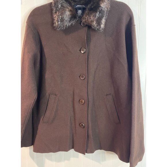 Jones New York Signature Brown Wool Blend Coat With Faux Fur Collar P/M - Picture 2 of 13